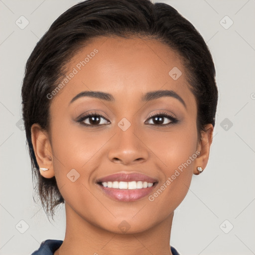 Joyful latino young-adult female with long  brown hair and brown eyes