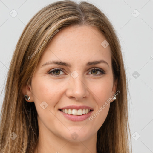 Joyful white young-adult female with long  brown hair and green eyes