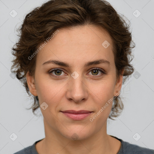 Joyful white young-adult female with medium  brown hair and green eyes