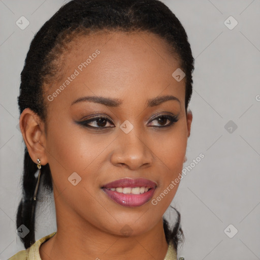 Joyful black young-adult female with long  brown hair and brown eyes