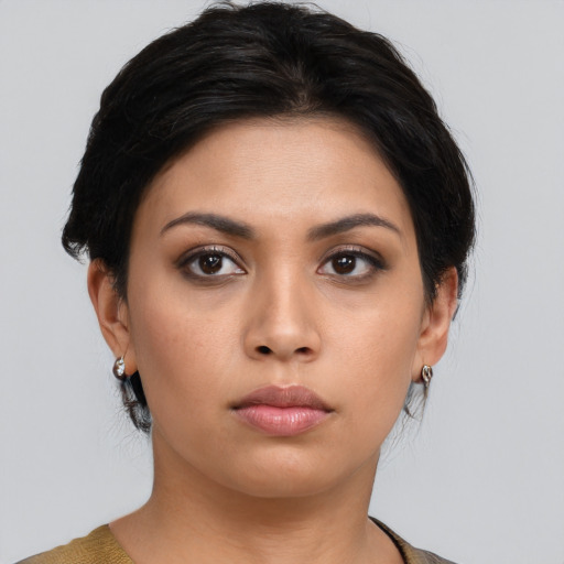 Neutral asian young-adult female with medium  black hair and brown eyes