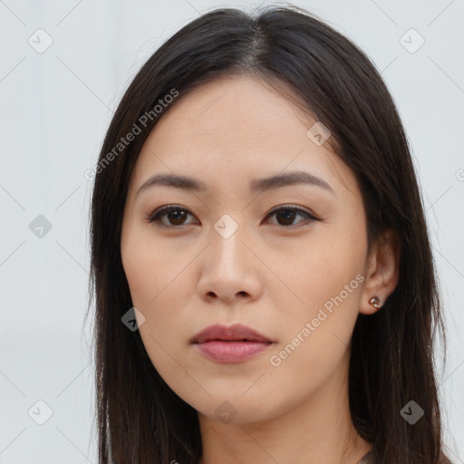 Neutral asian young-adult female with long  brown hair and brown eyes