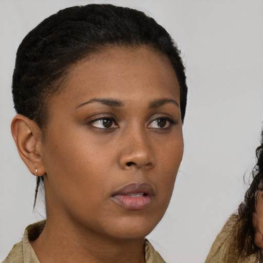 Neutral black young-adult female with short  brown hair and brown eyes
