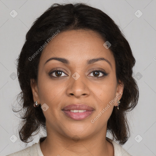 Joyful black young-adult female with medium  brown hair and brown eyes