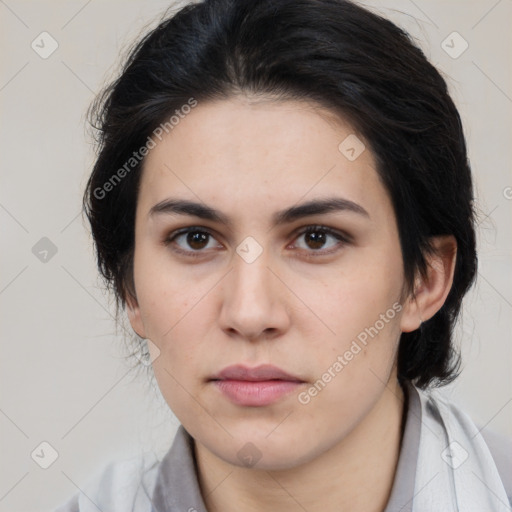 Neutral white young-adult female with medium  brown hair and brown eyes