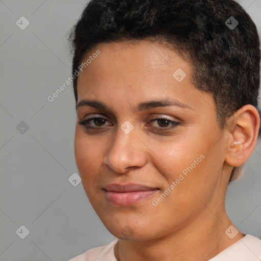 Joyful latino young-adult female with short  brown hair and brown eyes