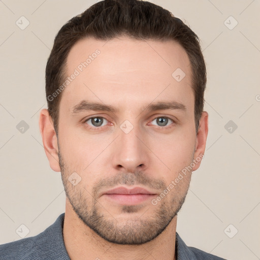 Neutral white young-adult male with short  brown hair and grey eyes