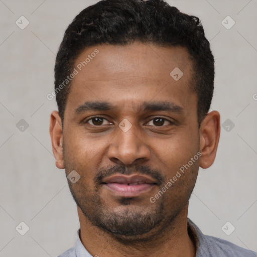 Neutral latino young-adult male with short  black hair and brown eyes