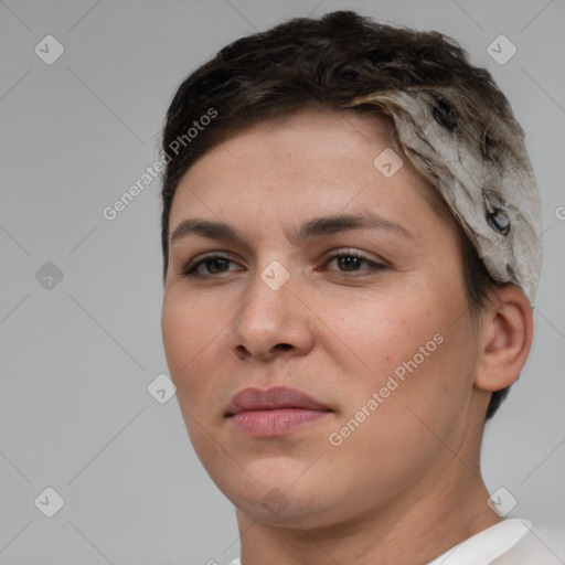 Joyful white young-adult female with short  brown hair and brown eyes