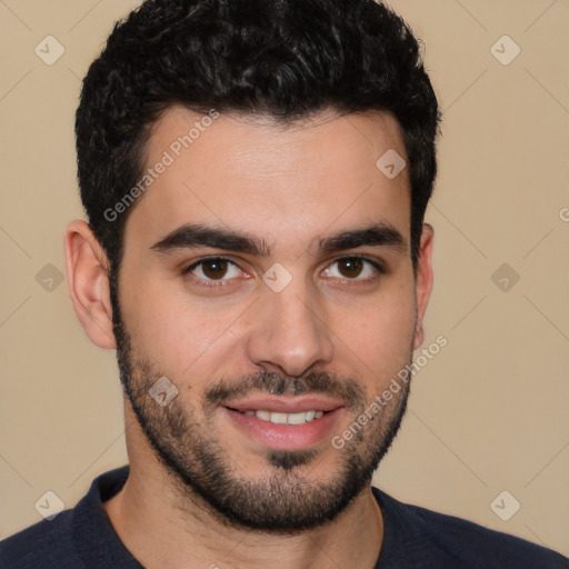 Joyful white young-adult male with short  black hair and brown eyes