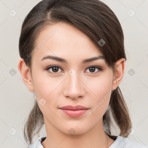 Neutral white young-adult female with medium  brown hair and brown eyes