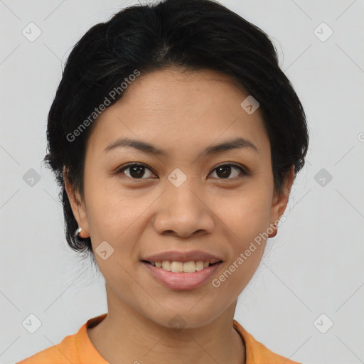 Joyful asian young-adult female with short  brown hair and brown eyes