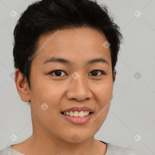 Joyful asian young-adult female with short  brown hair and brown eyes