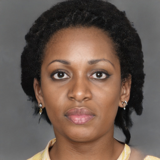 Neutral black young-adult female with medium  brown hair and brown eyes