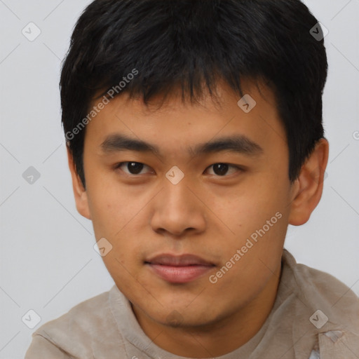 Neutral asian young-adult male with short  black hair and brown eyes