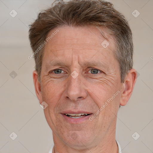 Joyful white middle-aged male with short  brown hair and brown eyes