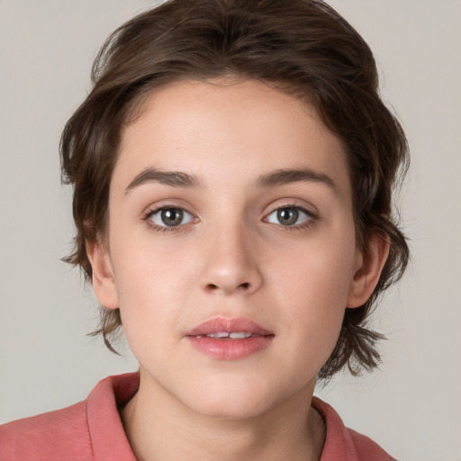 Neutral white young-adult female with medium  brown hair and brown eyes