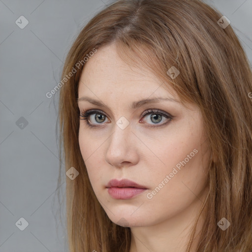 Neutral white young-adult female with long  brown hair and brown eyes