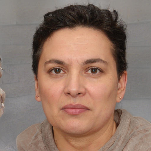Joyful white adult female with short  brown hair and brown eyes