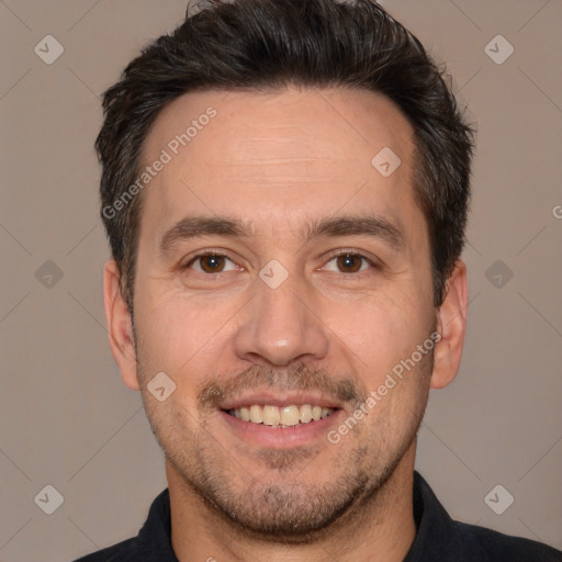 Joyful white adult male with short  brown hair and brown eyes