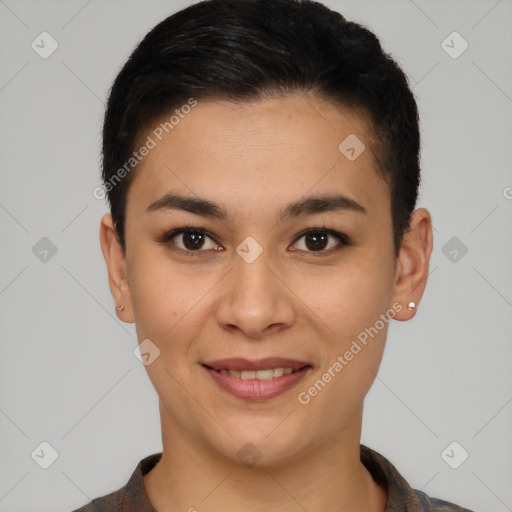 Joyful latino young-adult female with short  brown hair and brown eyes