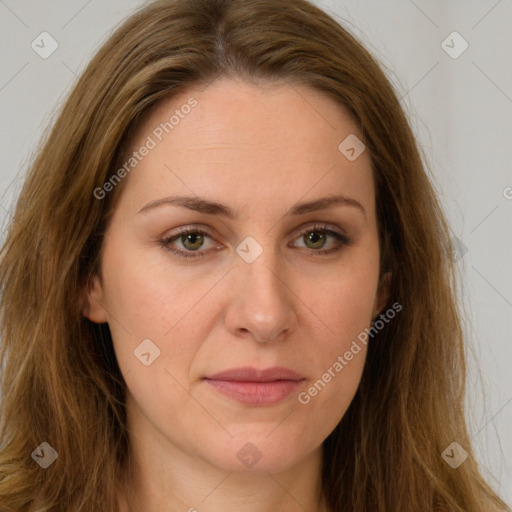 Joyful white young-adult female with long  brown hair and green eyes