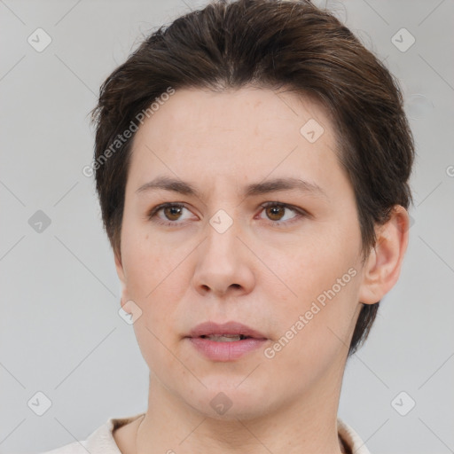 Neutral white young-adult female with short  brown hair and brown eyes