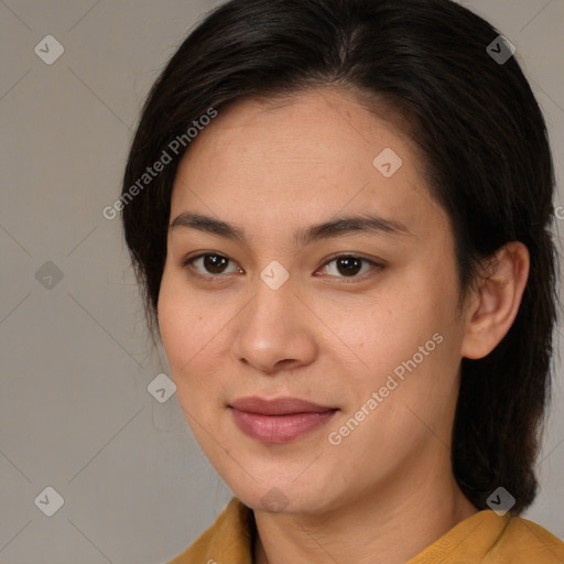 Joyful white young-adult female with medium  brown hair and brown eyes