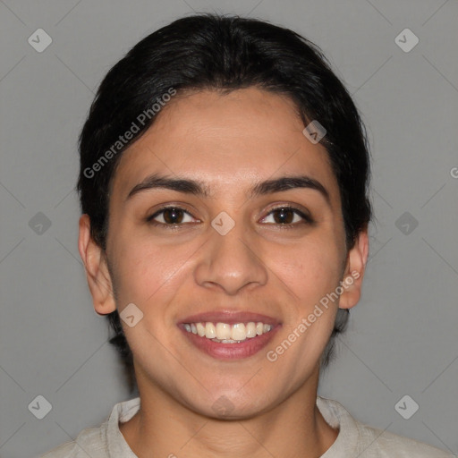 Joyful white young-adult female with short  brown hair and brown eyes