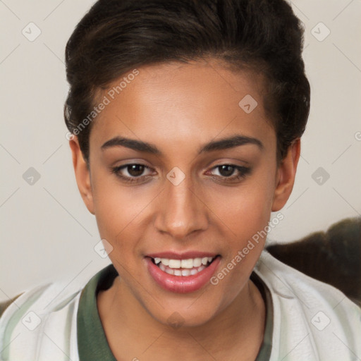 Joyful white young-adult female with short  brown hair and brown eyes