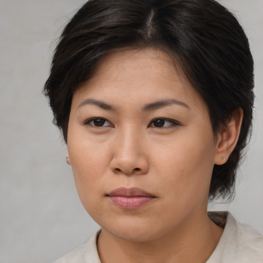 Neutral asian young-adult female with short  brown hair and brown eyes