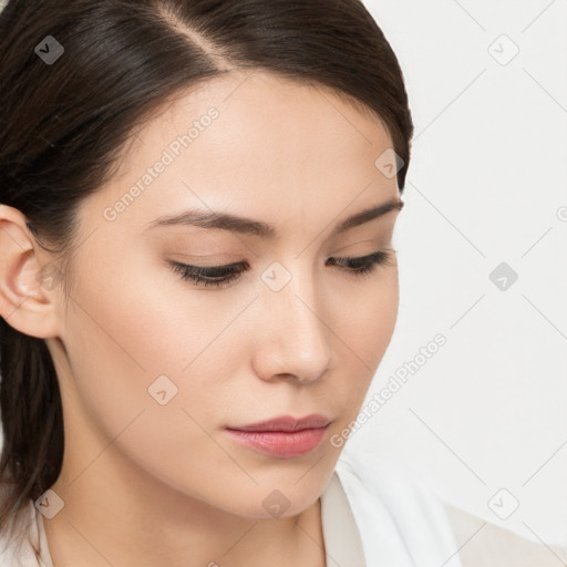 Neutral white young-adult female with medium  brown hair and brown eyes