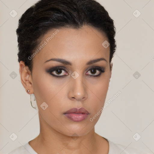 Neutral latino young-adult female with short  brown hair and brown eyes