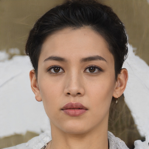 Neutral asian young-adult female with short  brown hair and brown eyes