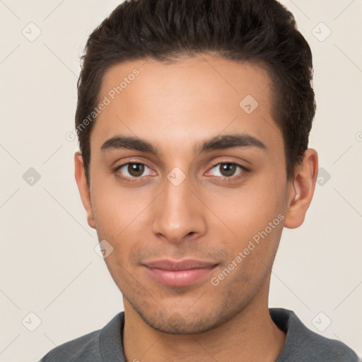 Neutral white young-adult male with short  brown hair and brown eyes