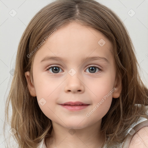 Neutral white child female with medium  brown hair and grey eyes