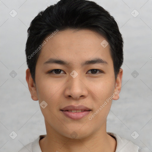 Joyful asian young-adult male with short  black hair and brown eyes