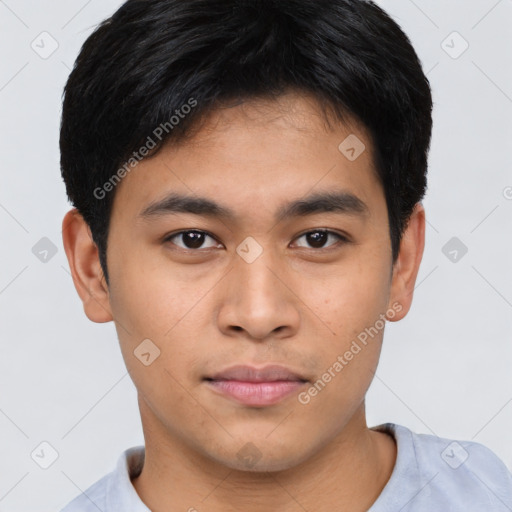 Neutral asian young-adult male with short  brown hair and brown eyes