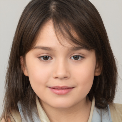 Joyful white child female with medium  brown hair and brown eyes