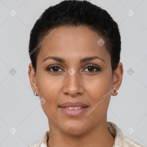 Joyful latino young-adult female with short  brown hair and brown eyes