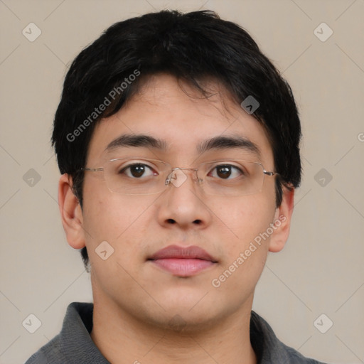 Neutral asian young-adult male with short  brown hair and brown eyes