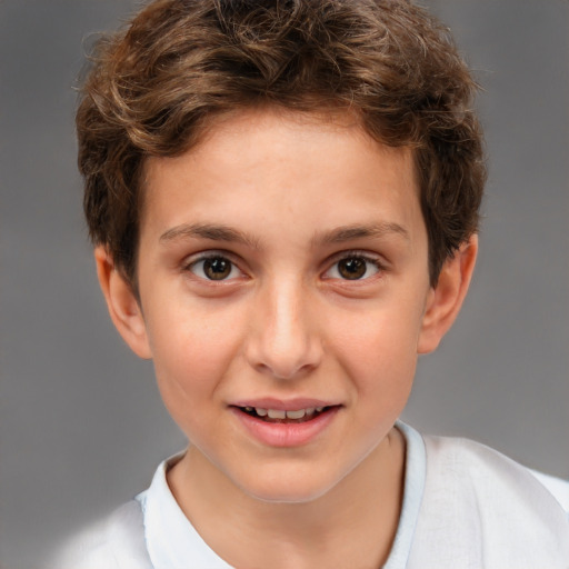 Joyful white child female with short  brown hair and brown eyes