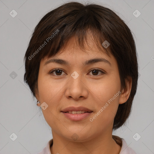 Joyful white young-adult female with medium  brown hair and brown eyes