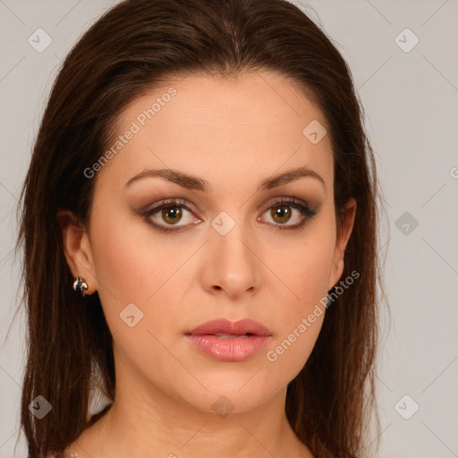 Neutral white young-adult female with long  brown hair and brown eyes