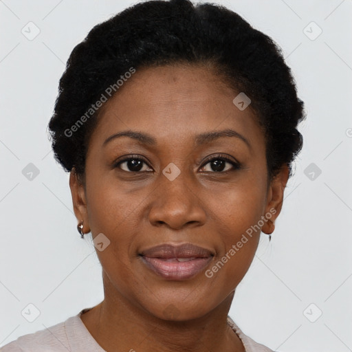 Joyful black adult female with short  black hair and brown eyes