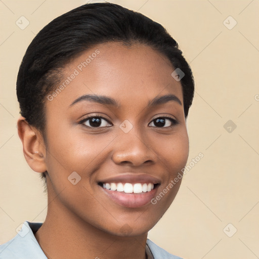 Joyful latino young-adult female with short  brown hair and brown eyes