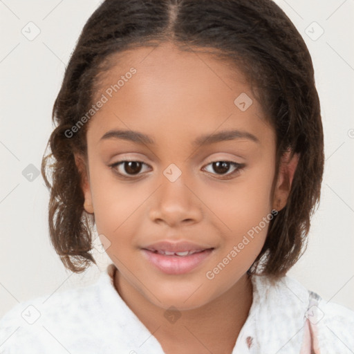 Joyful white child female with medium  brown hair and brown eyes