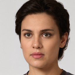 Neutral white young-adult female with short  brown hair and brown eyes