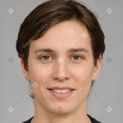 Joyful white young-adult female with short  brown hair and grey eyes