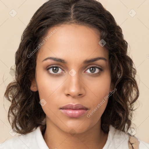 Neutral white young-adult female with medium  brown hair and brown eyes